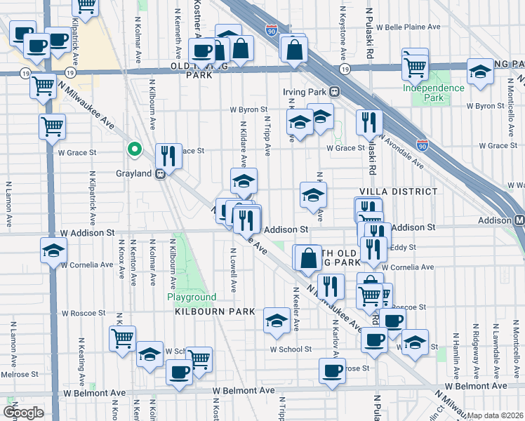 map of restaurants, bars, coffee shops, grocery stores, and more near 3639 North Tripp Avenue in Chicago