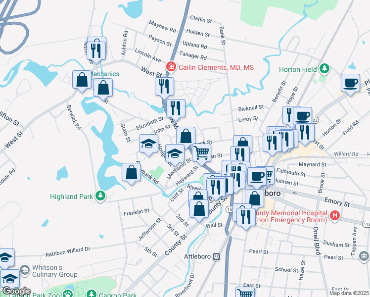 map of restaurants, bars, coffee shops, grocery stores, and more near 140 North Main Street in Attleboro