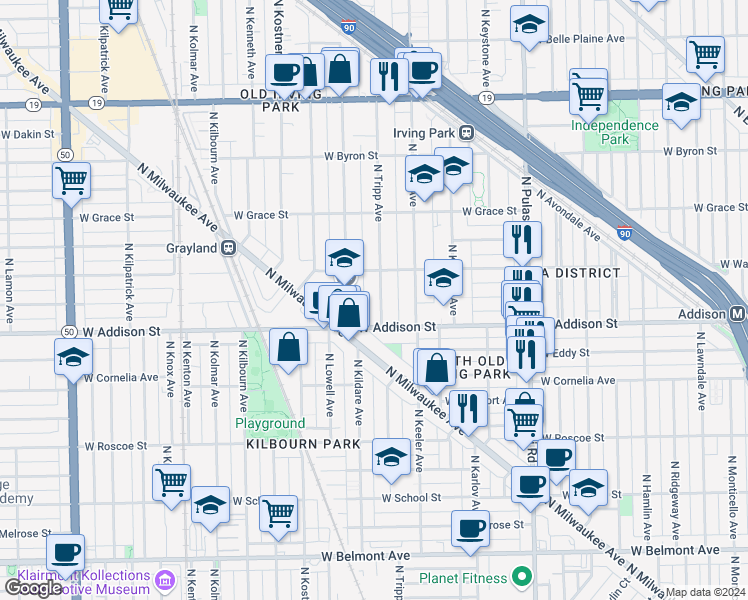map of restaurants, bars, coffee shops, grocery stores, and more near 3626 North Tripp Avenue in Chicago