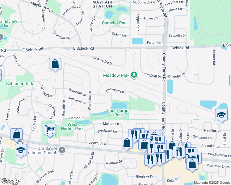 map of restaurants, bars, coffee shops, grocery stores, and more near 2034 Wildwood Lane in Hanover Park