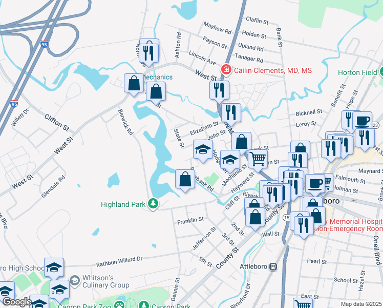 map of restaurants, bars, coffee shops, grocery stores, and more near 36 John Street in Attleboro