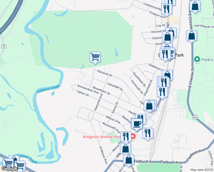 map of restaurants, bars, coffee shops, grocery stores, and more near 595 Kiersted Avenue in Kingston
