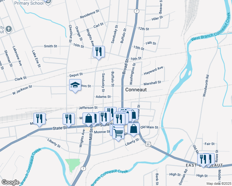 map of restaurants, bars, coffee shops, grocery stores, and more near 381 Buffalo Street in Conneaut