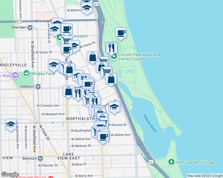 map of restaurants, bars, coffee shops, grocery stores, and more near 517 West Brompton Avenue in Chicago