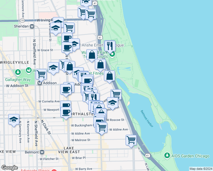 map of restaurants, bars, coffee shops, grocery stores, and more near 517 West Brompton Avenue in Chicago