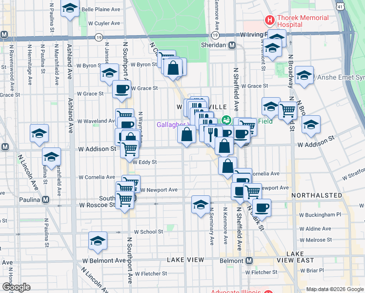 map of restaurants, bars, coffee shops, grocery stores, and more near 1136 West Addison Street in Chicago
