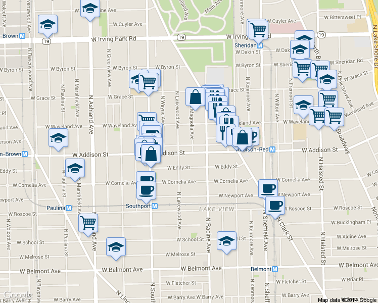 map of restaurants, bars, coffee shops, grocery stores, and more near 1216 West Addison Street in Chicago