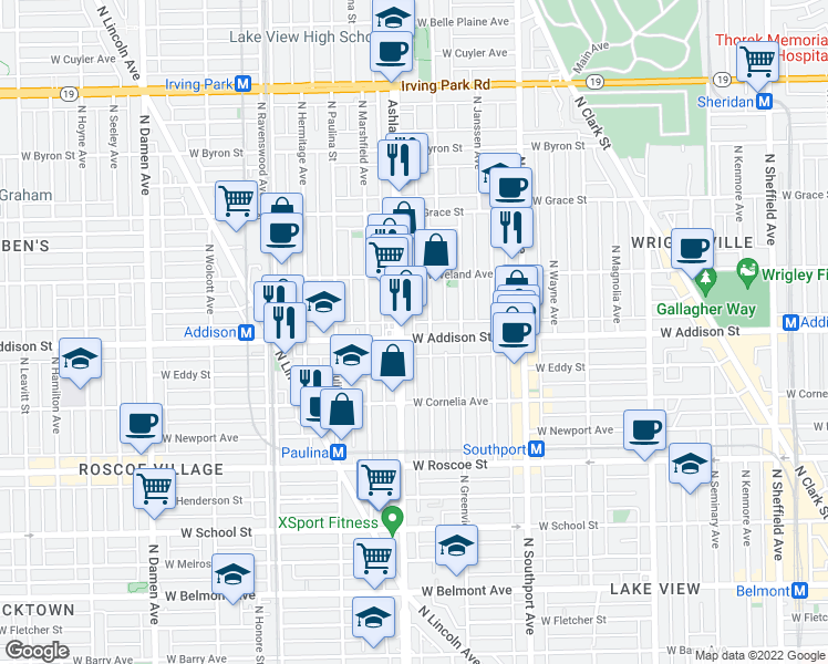 map of restaurants, bars, coffee shops, grocery stores, and more near 3614 North Ashland Avenue in Chicago
