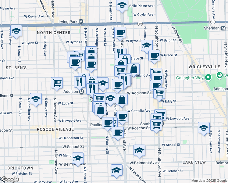 map of restaurants, bars, coffee shops, grocery stores, and more near 3614 North Marshfield Avenue in Chicago
