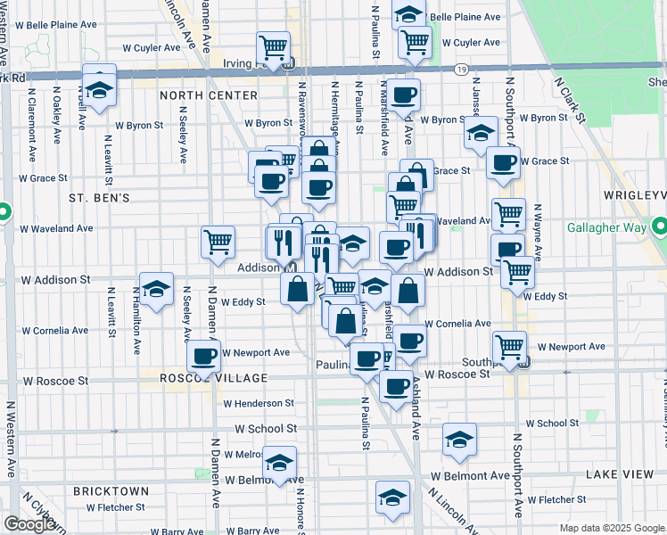 map of restaurants, bars, coffee shops, grocery stores, and more near 3615 North Hermitage Avenue in Chicago