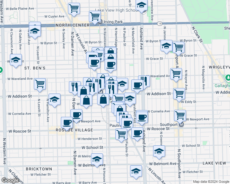map of restaurants, bars, coffee shops, grocery stores, and more near 3615 North Ravenswood Avenue in Chicago