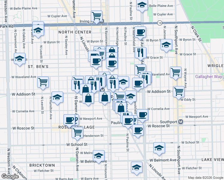 map of restaurants, bars, coffee shops, grocery stores, and more near 3615 North Ravenswood Avenue in Chicago