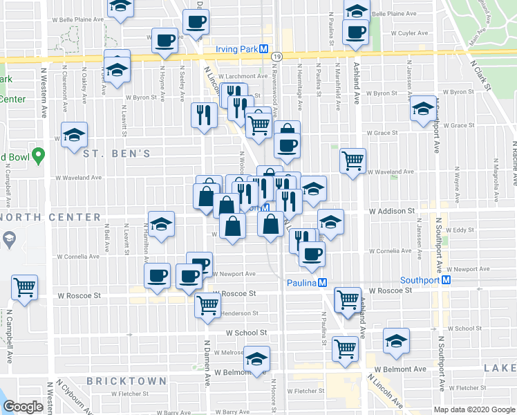 map of restaurants, bars, coffee shops, grocery stores, and more near 1817 West Patterson Avenue in Chicago