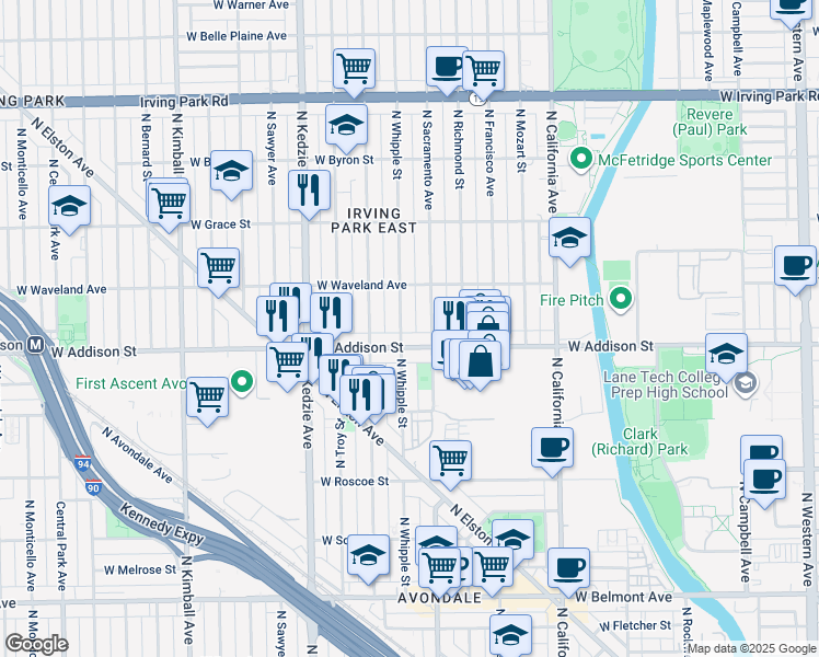 map of restaurants, bars, coffee shops, grocery stores, and more near 3624 North Sacramento Avenue in Chicago