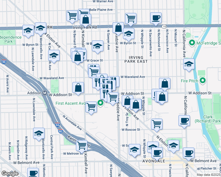 map of restaurants, bars, coffee shops, grocery stores, and more near 3633 North Elston Avenue in Chicago