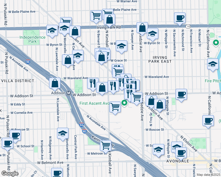 map of restaurants, bars, coffee shops, grocery stores, and more near 3631 North Kimball Avenue in Chicago
