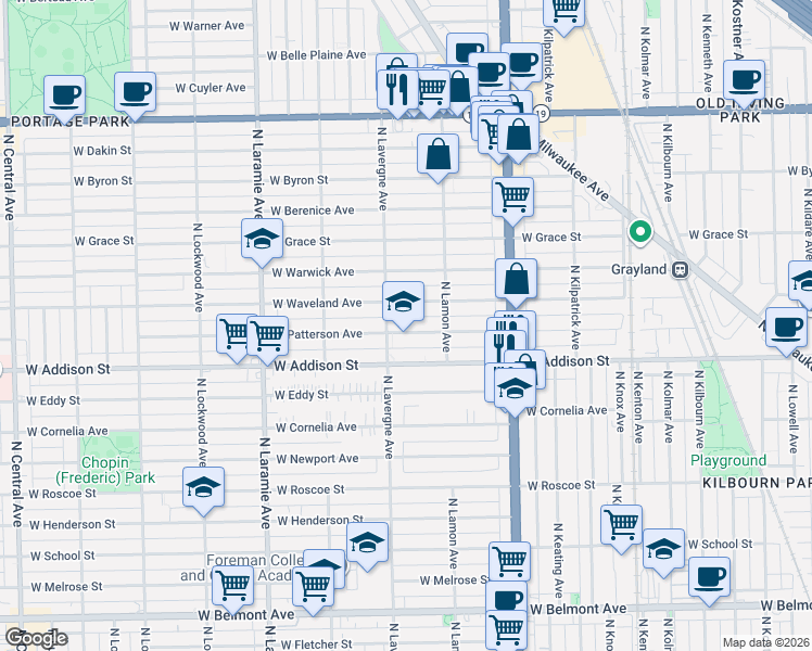 map of restaurants, bars, coffee shops, grocery stores, and more near 4943 West Waveland Avenue in Chicago