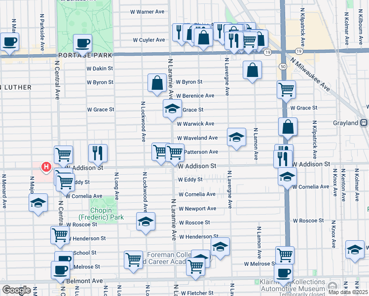 map of restaurants, bars, coffee shops, grocery stores, and more near 5137 West Waveland Avenue in Chicago
