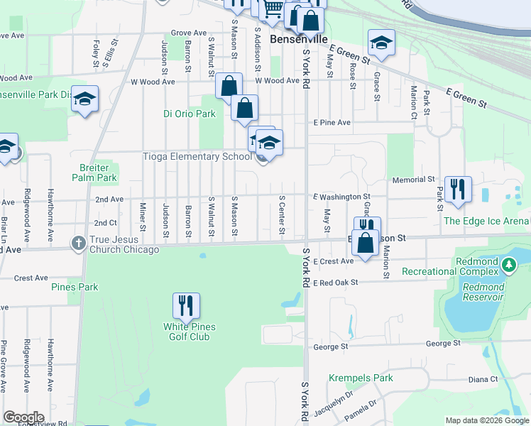 map of restaurants, bars, coffee shops, grocery stores, and more near 413 South Addison Street in Bensenville