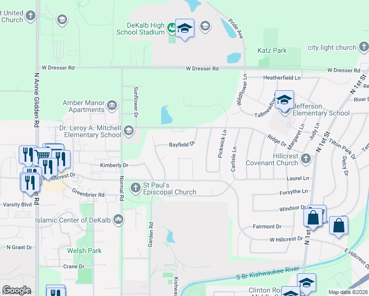 map of restaurants, bars, coffee shops, grocery stores, and more near 631 Bayfield Drive in DeKalb