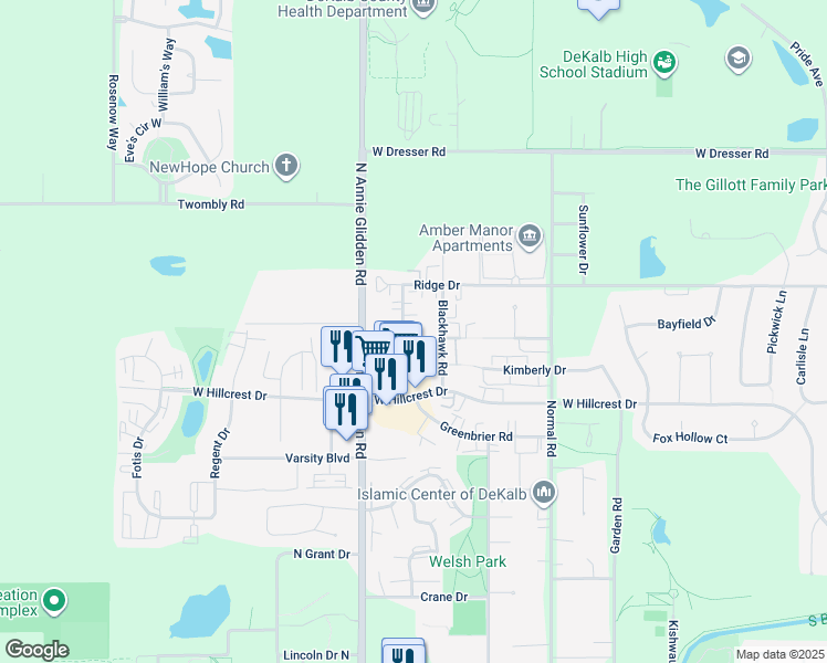 map of restaurants, bars, coffee shops, grocery stores, and more near 1206 Rushmoore Drive in DeKalb