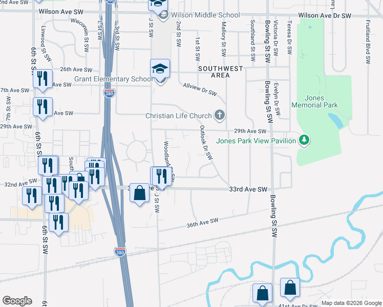 map of restaurants, bars, coffee shops, grocery stores, and more near 2932 Outlook Drive Southwest in Cedar Rapids