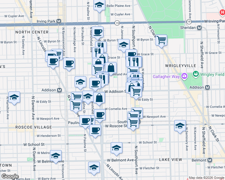 map of restaurants, bars, coffee shops, grocery stores, and more near 3611 North Bosworth Avenue in Chicago