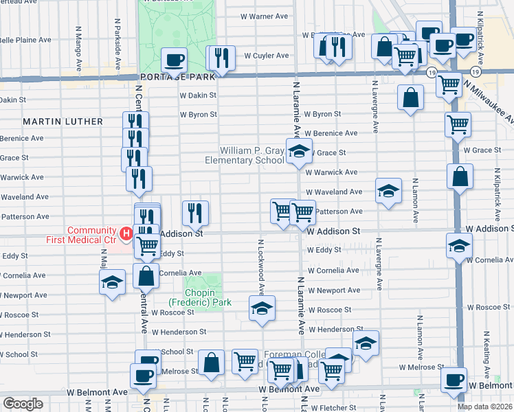 map of restaurants, bars, coffee shops, grocery stores, and more near 3642 North Lockwood Avenue in Chicago