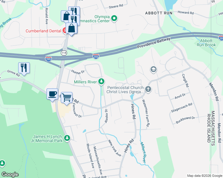 map of restaurants, bars, coffee shops, grocery stores, and more near 1507 The Meadows in Cumberland