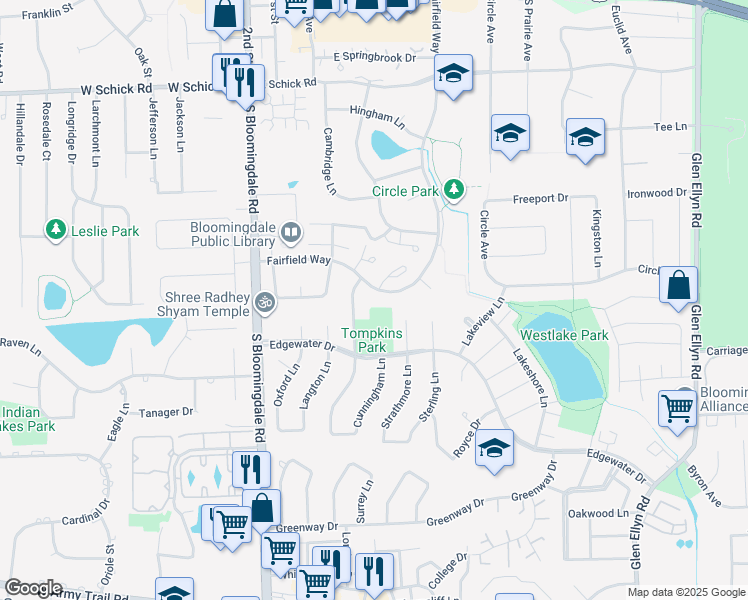 map of restaurants, bars, coffee shops, grocery stores, and more near 152 Fairfield Way in Bloomingdale