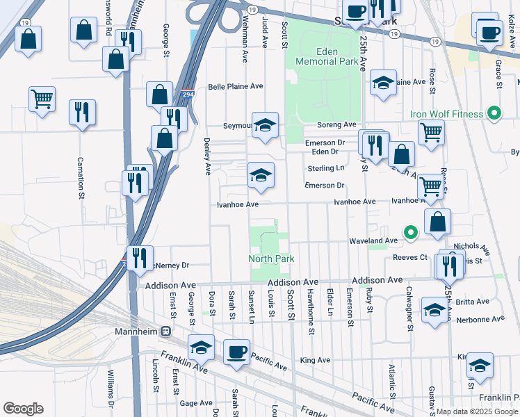 map of restaurants, bars, coffee shops, grocery stores, and more near 10039 Ivanhoe Avenue in Schiller Park