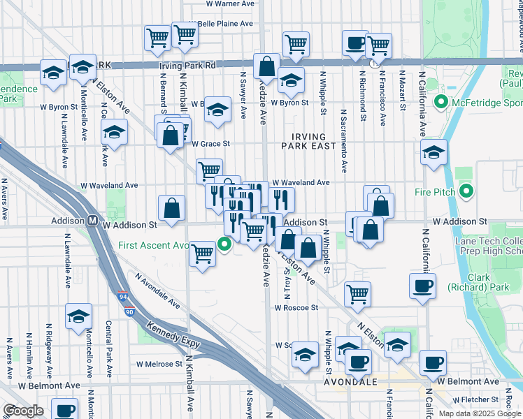 map of restaurants, bars, coffee shops, grocery stores, and more near 3628 North Kedzie Avenue in Chicago