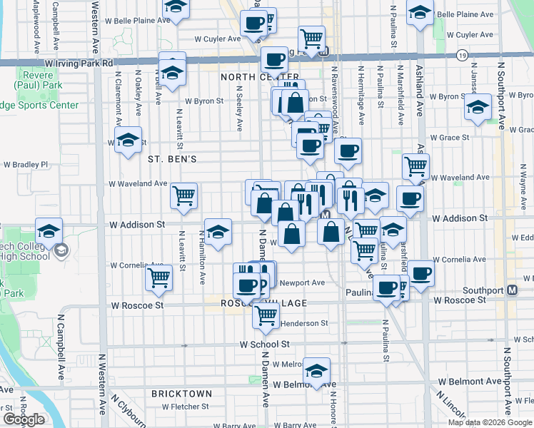map of restaurants, bars, coffee shops, grocery stores, and more near 3609 North Damen Avenue in Chicago