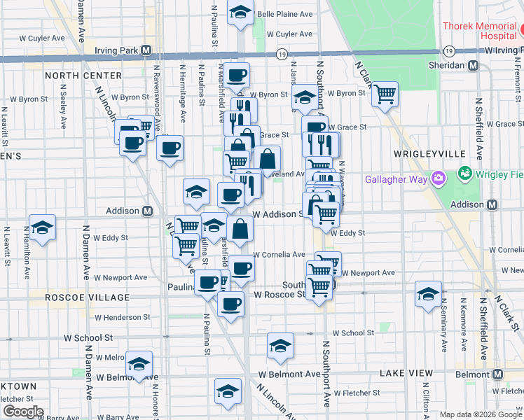 map of restaurants, bars, coffee shops, grocery stores, and more near 3602 North Bosworth Avenue in Chicago