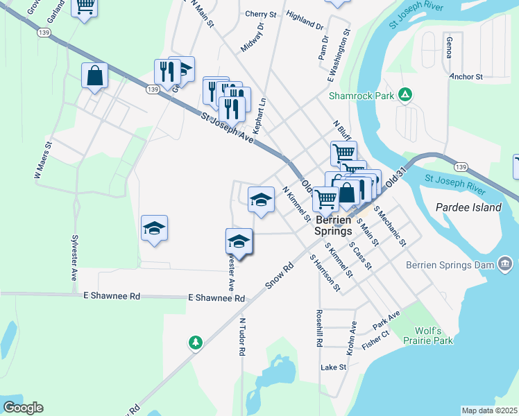 map of restaurants, bars, coffee shops, grocery stores, and more near Union Street in Berrien Springs