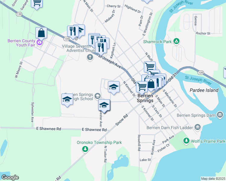 map of restaurants, bars, coffee shops, grocery stores, and more near Union Street in Berrien Springs