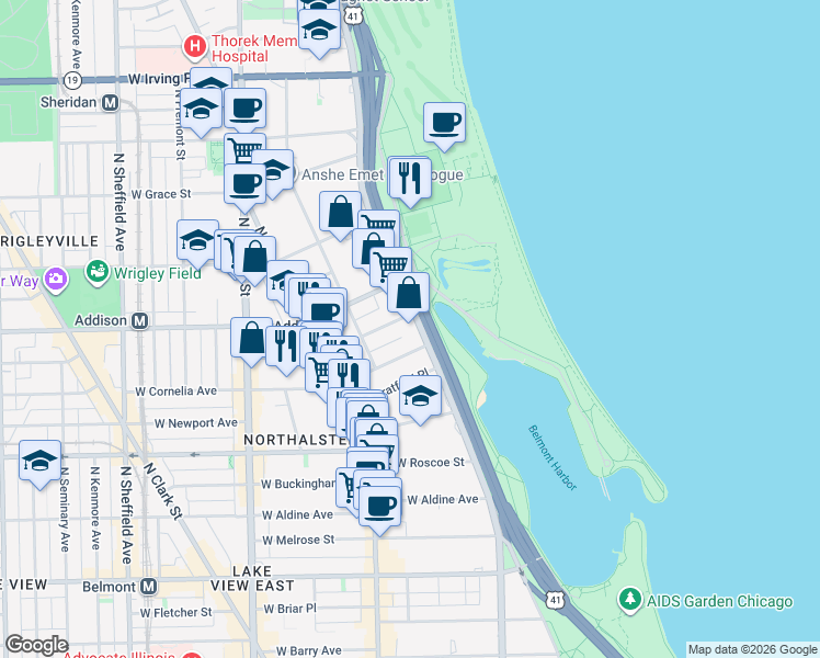 map of restaurants, bars, coffee shops, grocery stores, and more near 3520 North Lake Shore Drive in Chicago