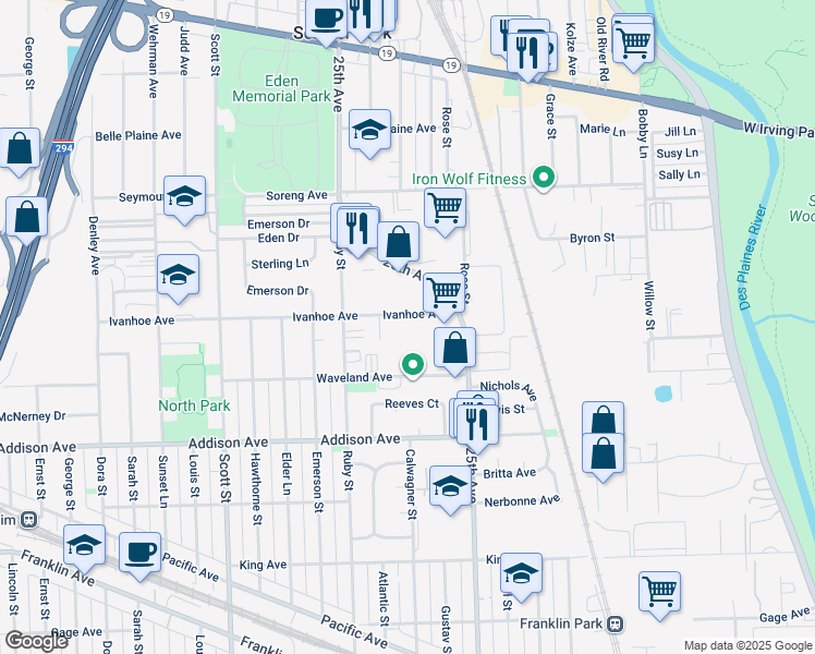 map of restaurants, bars, coffee shops, grocery stores, and more near 9679 Ivanhoe Avenue in Schiller Park