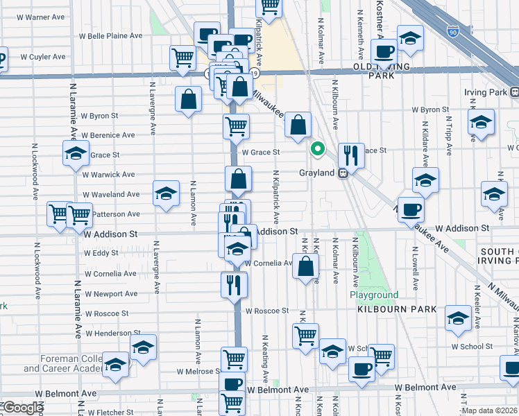 map of restaurants, bars, coffee shops, grocery stores, and more near 4722 West Patterson Avenue in Chicago
