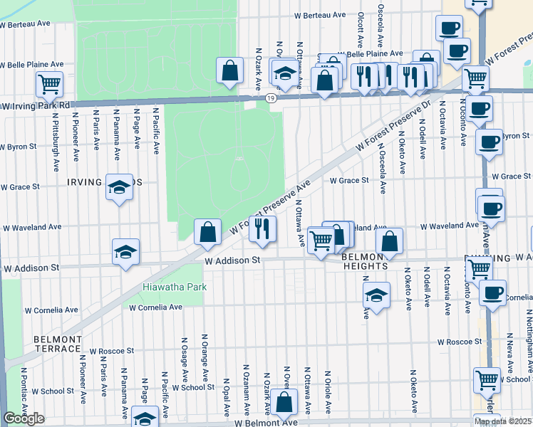 map of restaurants, bars, coffee shops, grocery stores, and more near 7711 West Forest Preserve Drive in Chicago