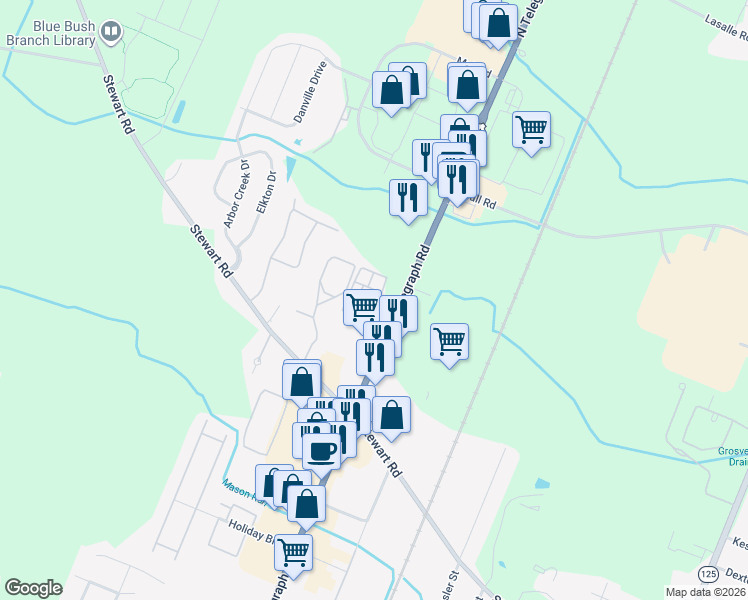 map of restaurants, bars, coffee shops, grocery stores, and more near 1811 North Telegraph Road in Monroe