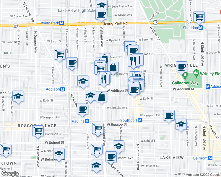 map of restaurants, bars, coffee shops, grocery stores, and more near 3606 North Bosworth Avenue in Chicago