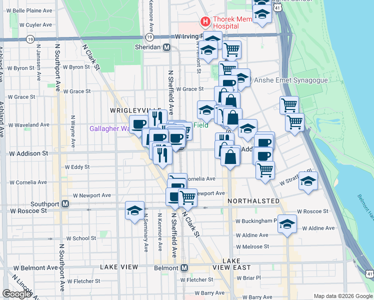 map of restaurants, bars, coffee shops, grocery stores, and more near W Addison St & N Wilton Ave in Chicago