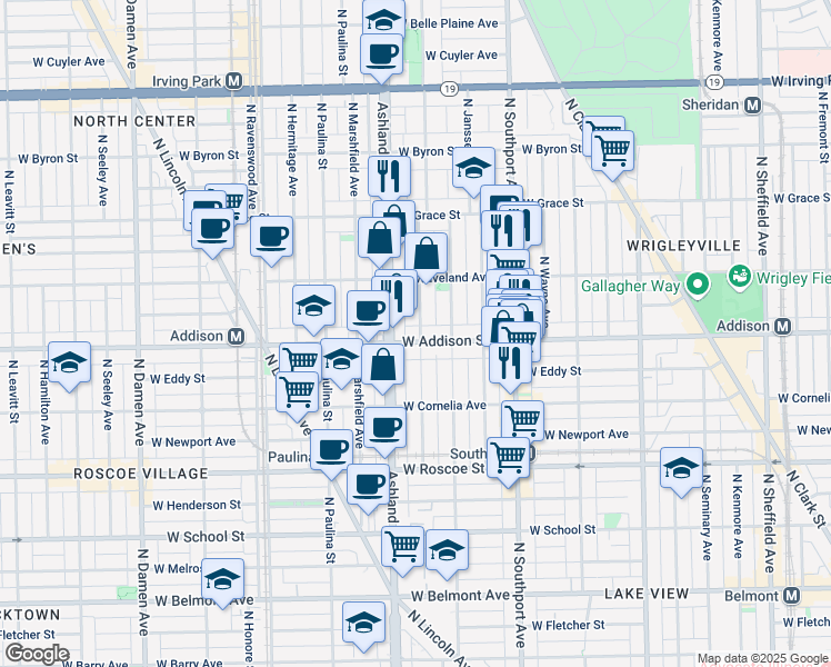 map of restaurants, bars, coffee shops, grocery stores, and more near 3600 North Bosworth Avenue in Chicago