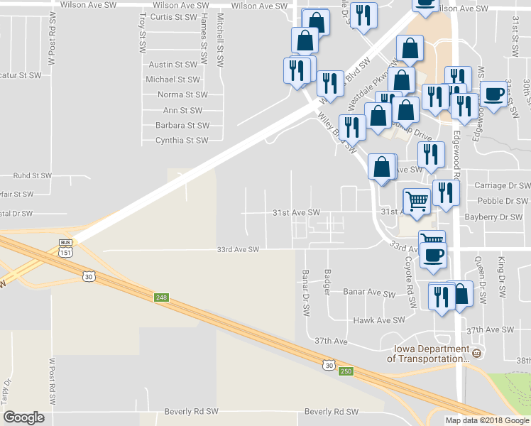 map of restaurants, bars, coffee shops, grocery stores, and more near Breyer Street Southwest in Cedar Rapids