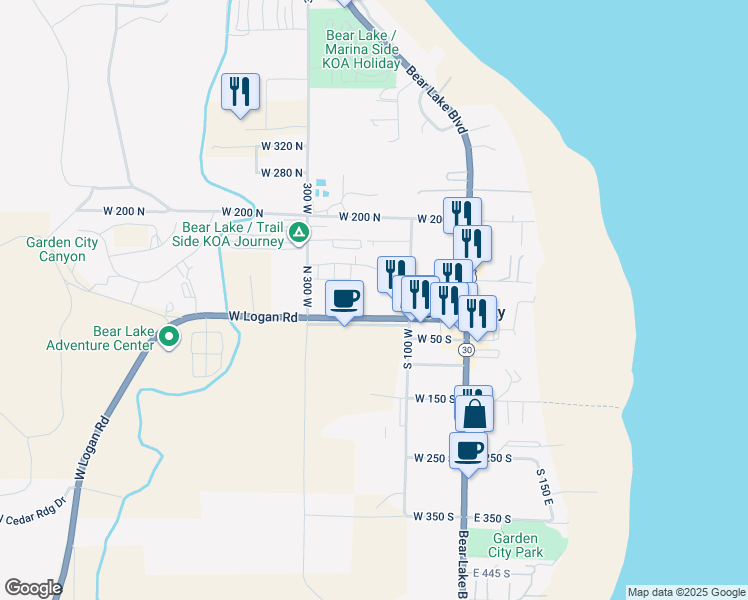 map of restaurants, bars, coffee shops, grocery stores, and more near 147 West Logan Road in Garden City