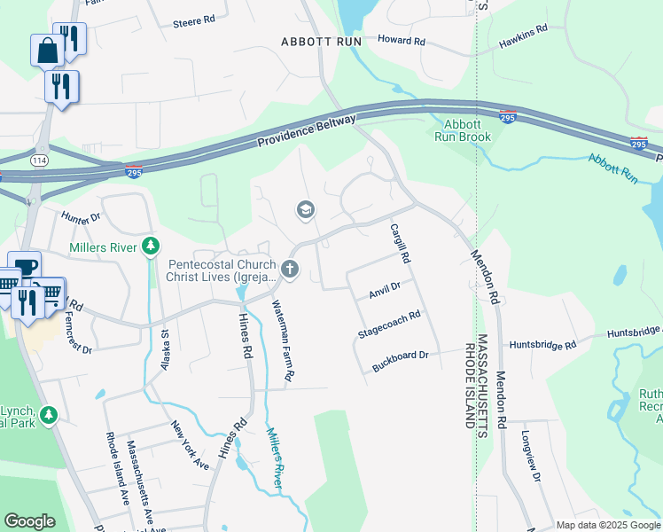 map of restaurants, bars, coffee shops, grocery stores, and more near 10 Blacksmith Road in Cumberland
