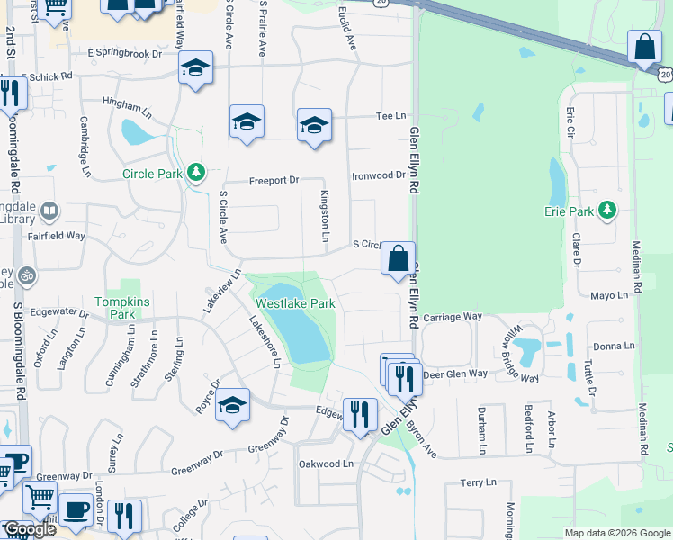 map of restaurants, bars, coffee shops, grocery stores, and more near 223 Tamarack Drive in Bloomingdale