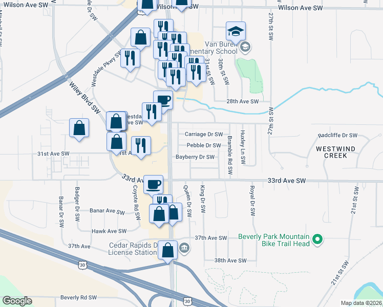 map of restaurants, bars, coffee shops, grocery stores, and more near 3200 Bayberry Drive Southwest in Cedar Rapids