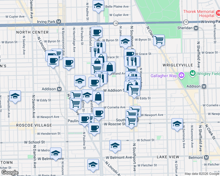map of restaurants, bars, coffee shops, grocery stores, and more near 1522 West Addison Street in Chicago